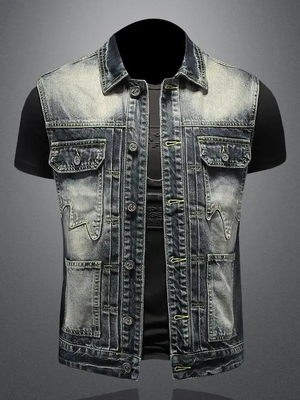 

Retro Denim Motorcycle Bal Vest Men's Spring Autumn New Korean Faion Svel oulder Pad Vest Slim Fit Faion Urb...