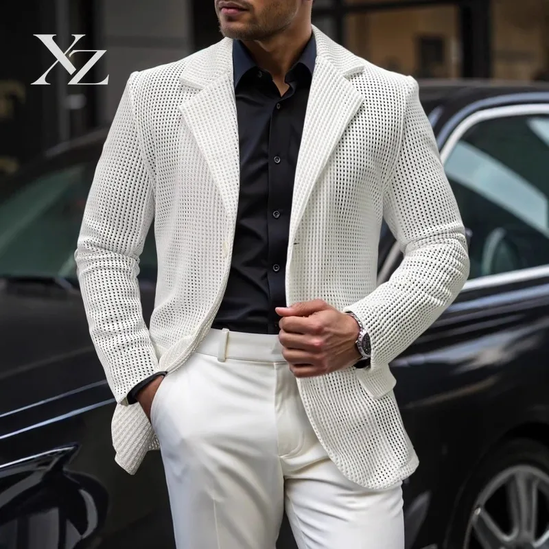 High Quality Men's Breathable Mesh Blazer Summer Hollow Out See-Through Casual Suit Jacket