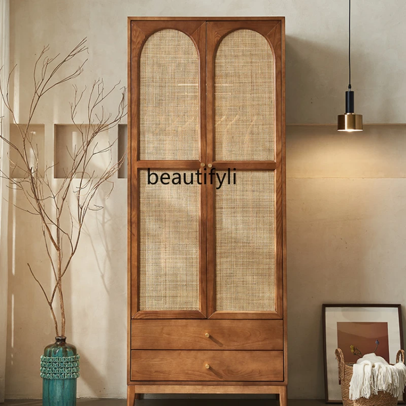 

Nordic Solid Wood Rattan Wardrobe Japanese Retro Small Apartment Bedroom and Household Locker Modern Simple Storage