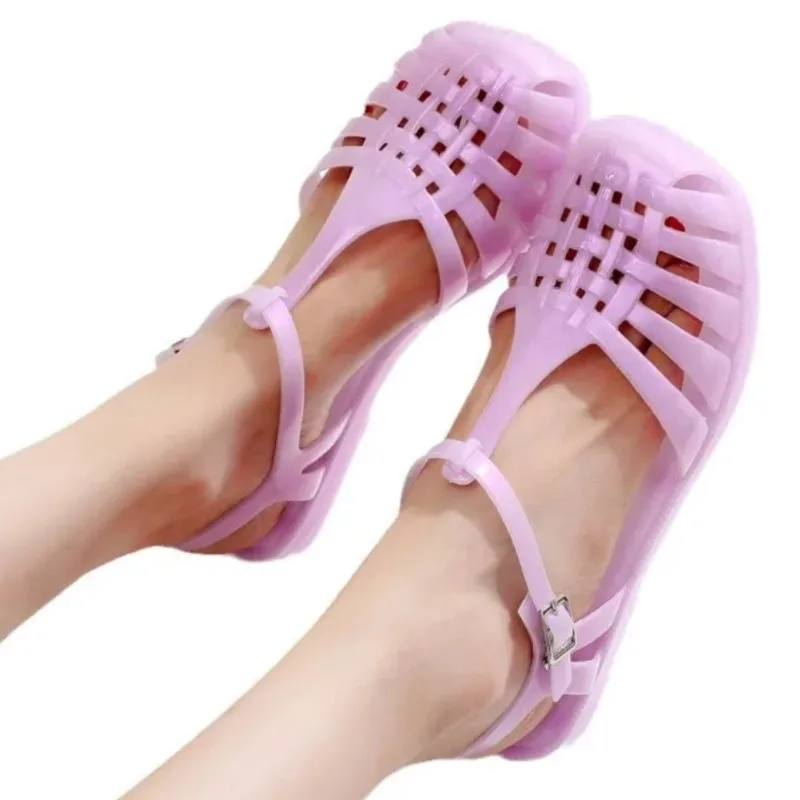 Women Beach Sandals Square Toe Casual Hollow Out Designer Shoes Summer Women Roman Jelly Sandals Retro Flat Sandals