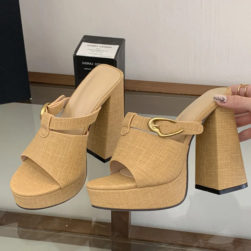 Eilyken Designer Buckle Strap Square High Heels Woman Slippers Fashion Summer Chunky Platform Open Toe Slide Shoes