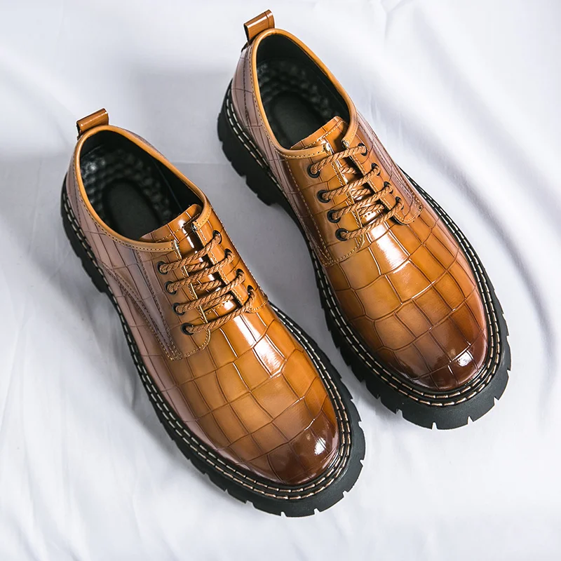 2025 Brown Dress Shoes Man Checkered Lace-up Designer Men's Shoes Comfortable Low-Cut Platform Leather Casual Shoes Men zapato