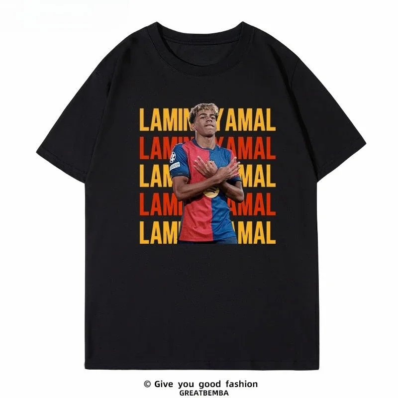 

Football T-shirt Barcelona Yamal Short-sleeved Cotton T-shirt Yamal Celebrates Spanish Men's Casual Plus Size Summer Casual Wear