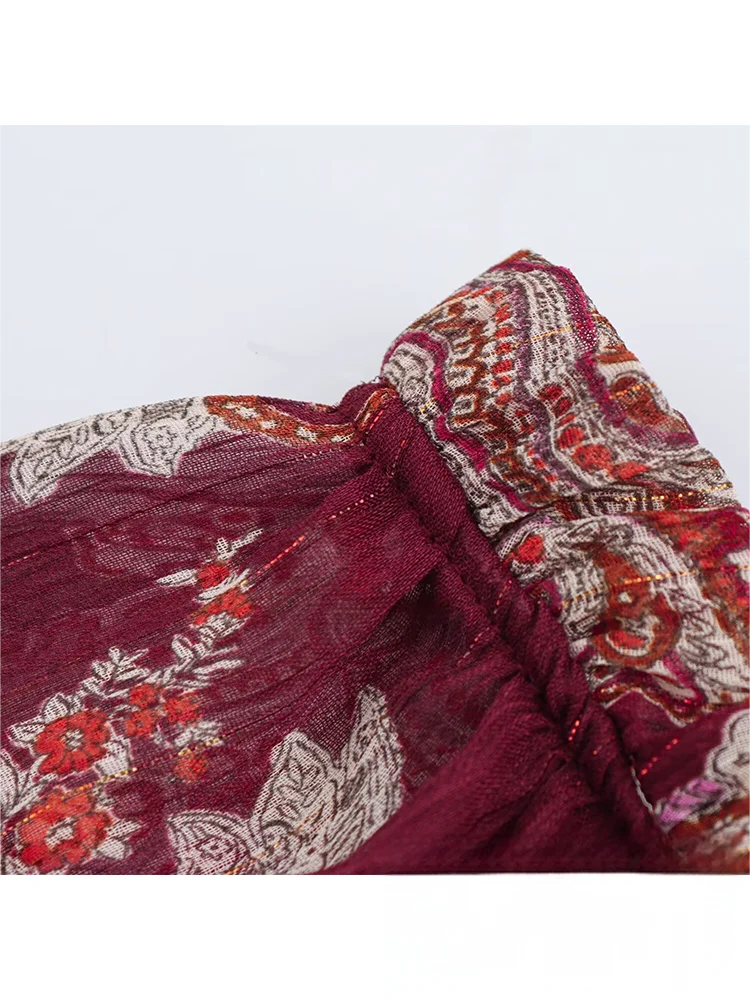 KONDALA Abito lungo in chiffon con stampa floreale rossa vintage Manica lunga O Collo con volant Abito ampio Moda 2025 Abito Boho primavera autunno