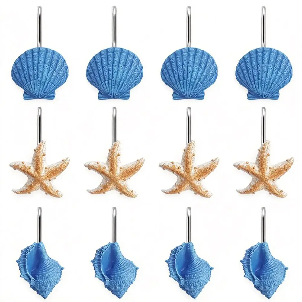 12 Pieces Shower Curtain Hooks Resin Material Conch Shell Design Ocean Theme Curtain Rings Curtain Rings Style Starfish Design