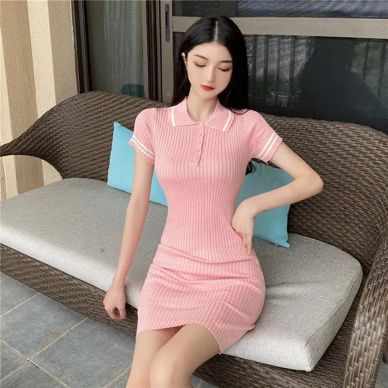 Polo Neck Slim Fit Dress Spring Summer Pure Cotton Fashionable Knitting Short Slim Waist Dress Korean Style