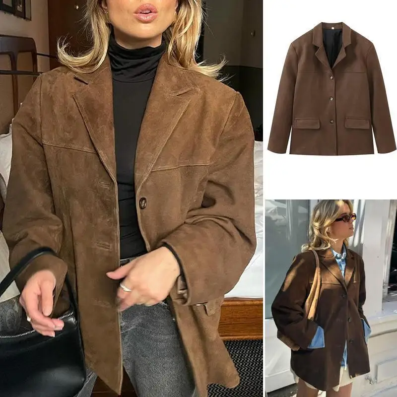 

Fall 2025 Women's Faion Versatile Commute Sle Jaet Coat with kets Loose Fit Turn-down Collar Casual Outerwear