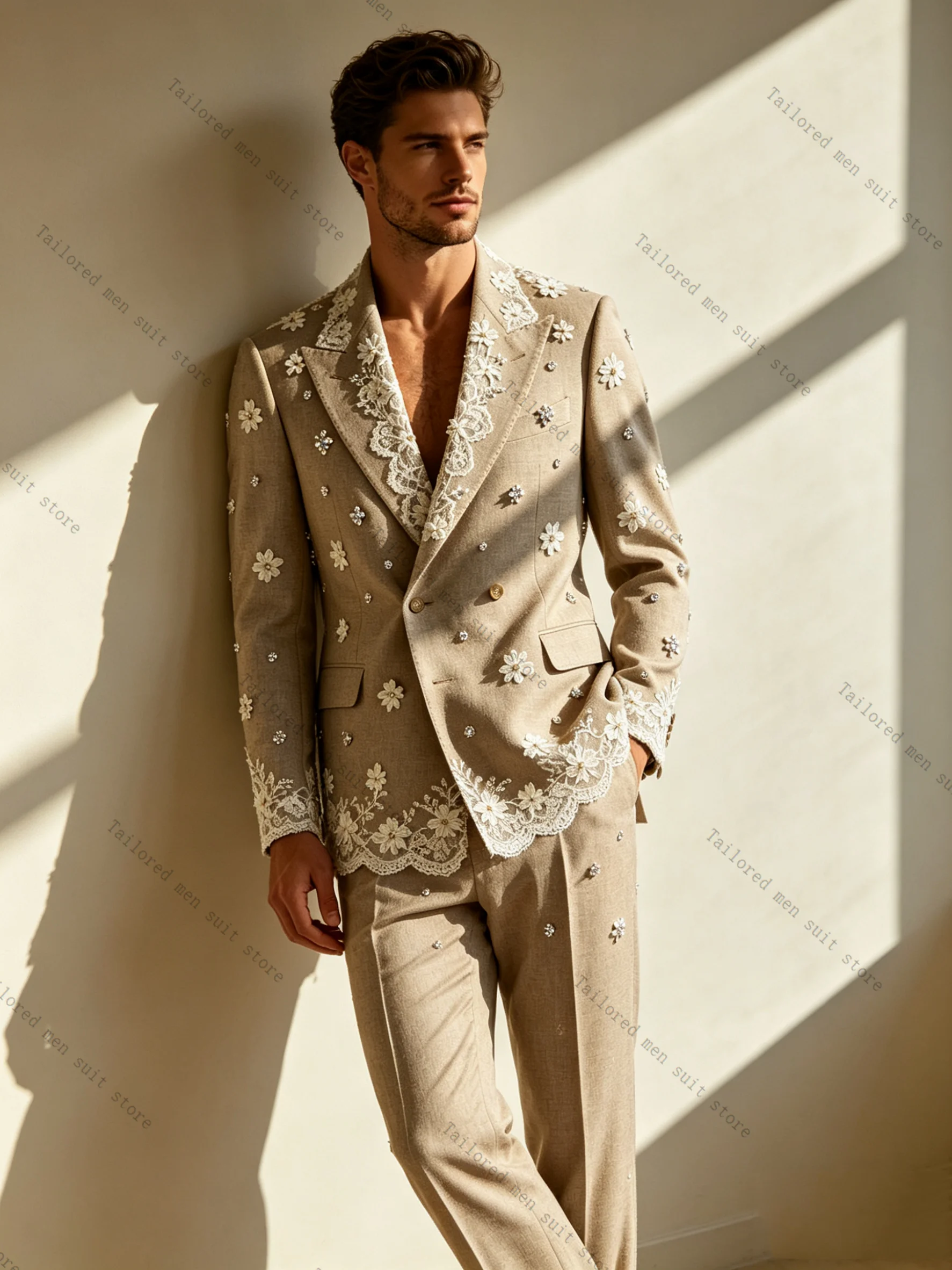 

Khaki White Men Suits Pants Set 2 Pcs Blazer+Trousers 3D Flower Cotton Wedding Tuxedos Jacket Formal Office Business Coat Outfit