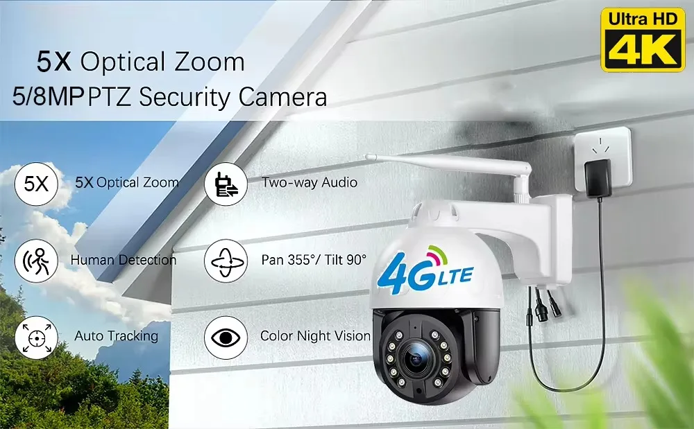 Camhi Pro 8MP 4K IMX145 عالية الدقة 5X عدسة تكبير للرؤية الليلية إنذار الصوت AI تتبع الإنسان 4G WiFi كاميرا متحركة #2
