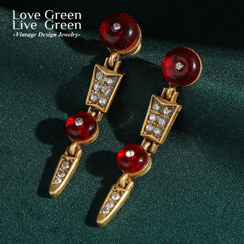

Vintage Snake Chain Glass Drop Red Earrings Goth Antique Gold Color Rhinestone Quality Luxury Designer Wedding Bridal 2025 New
