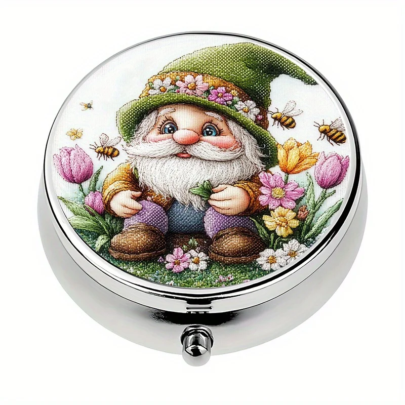1 mini pill box with 3 compartments, spring gnome garden theme, mini pill container, pill organizer, unique travel gift