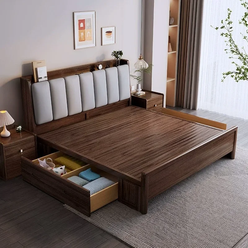 Walnut new Chinese-style solid wood bed 1.8m modern simple soft double bed multifunctional high-box storage bed.