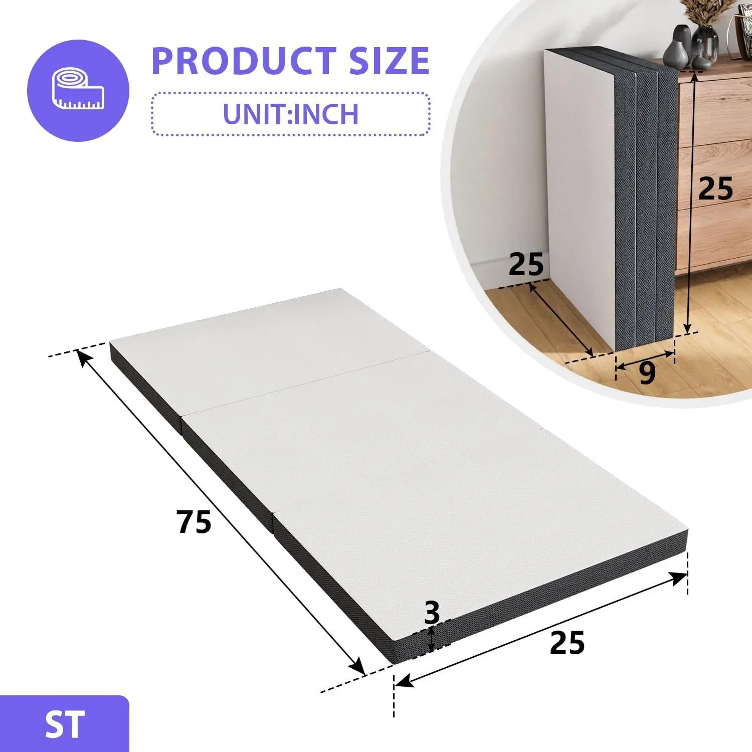 US Portable Folding Mattress, Memory Foam Mattress, Washable Protective Cover, 3-Fold, 3-Fold