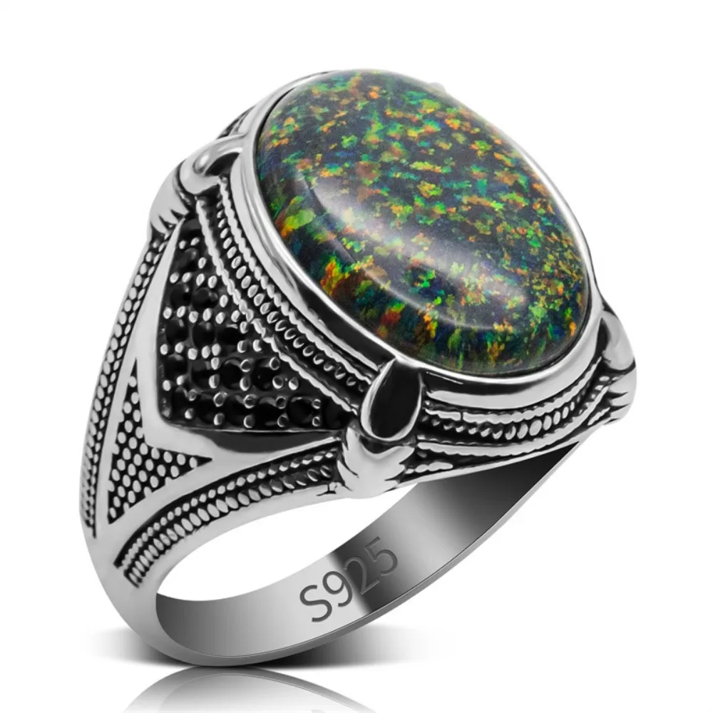 

Wholesale Pure 925 Sterling Silver Men's Ring Synthetic Opal Stone man Ring 925 Sterling Silver