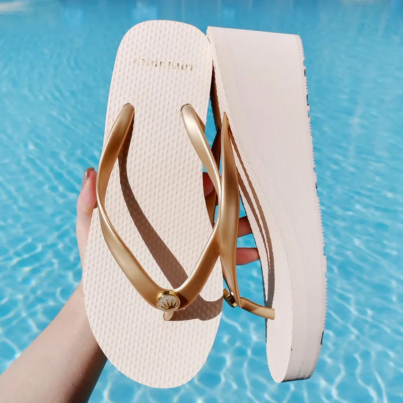 Flip-Flops for Women Summer Beach Slope Heel Rubber Sandals for Holiday Wet Bathroom Thick Soled Solid Color Fashion Slippers