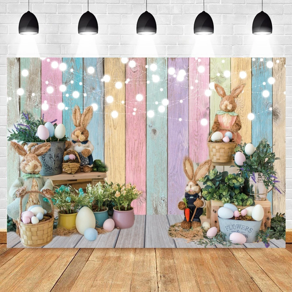 Fondos de Pascua de primavera para fotografías, huevos de conejo, tablero de madera de flores, decoraciones de cumpleaños para niños, telón de fondo para fotomatón de Baby Shower