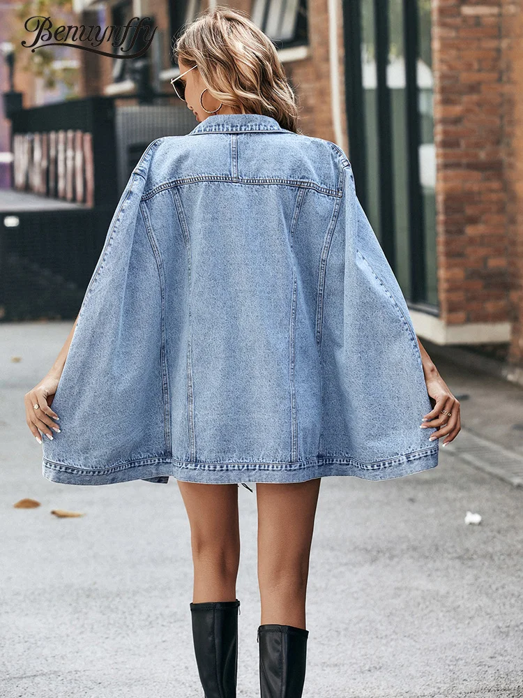 Benuynffy Single Breasted Cape Denim Coat Women Spring Fall Fashion Vintage Pockets Loose Jean Jacket Female Streetwear