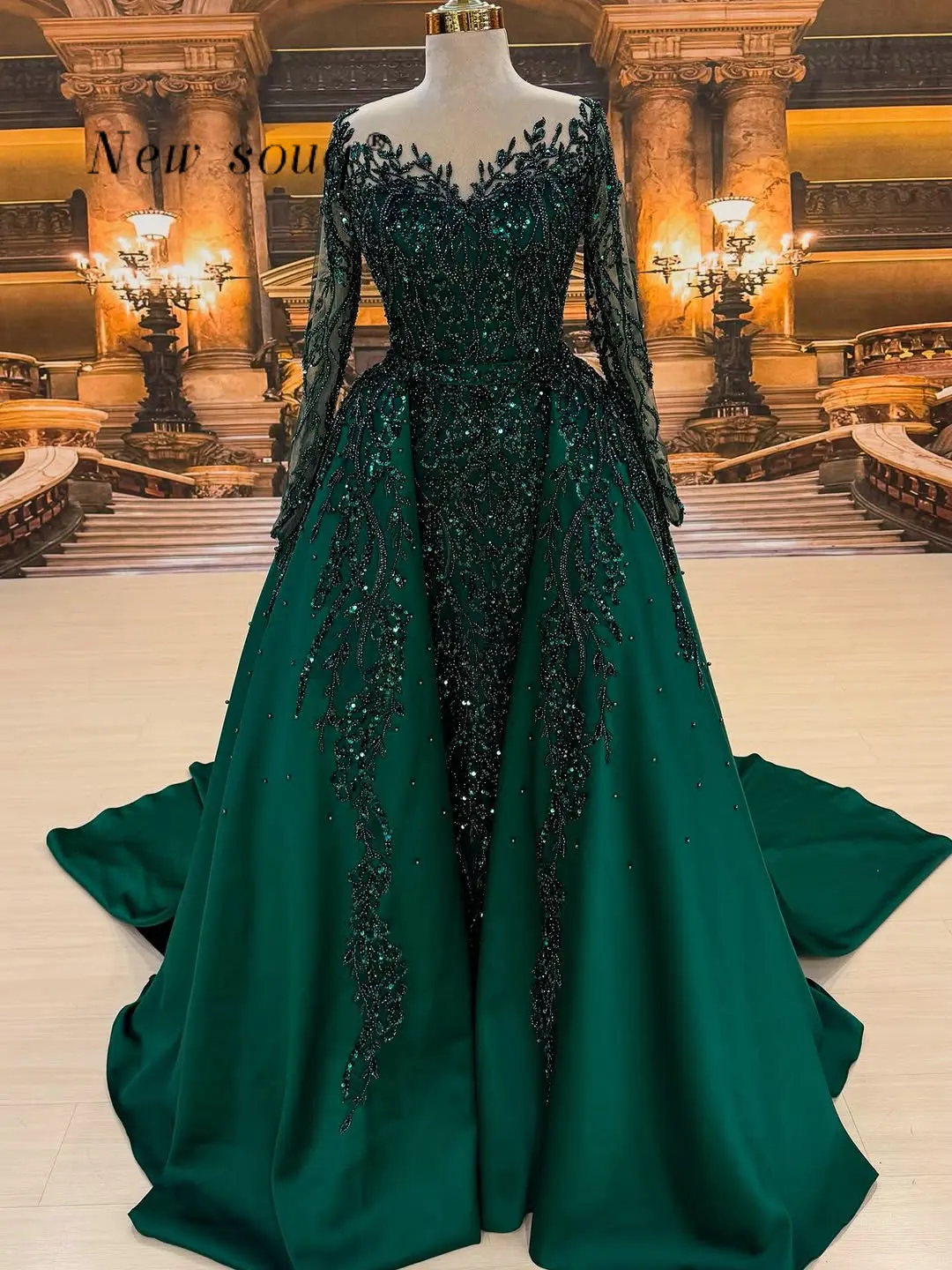 

Дубай Зеленые вечерние платья из двух частей по индивидуальному заказу, арабские платья с длинными рукавами и бисером, вечерние элегантные платья для свадебной церемонии