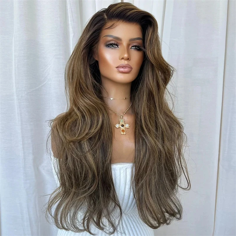 Free Part Ombre Caramel Brown Synthetic HD Lace Front Wig Heat Resistant Fiber PrePlucked Hairline 30 Inch Super Long Wave Wig