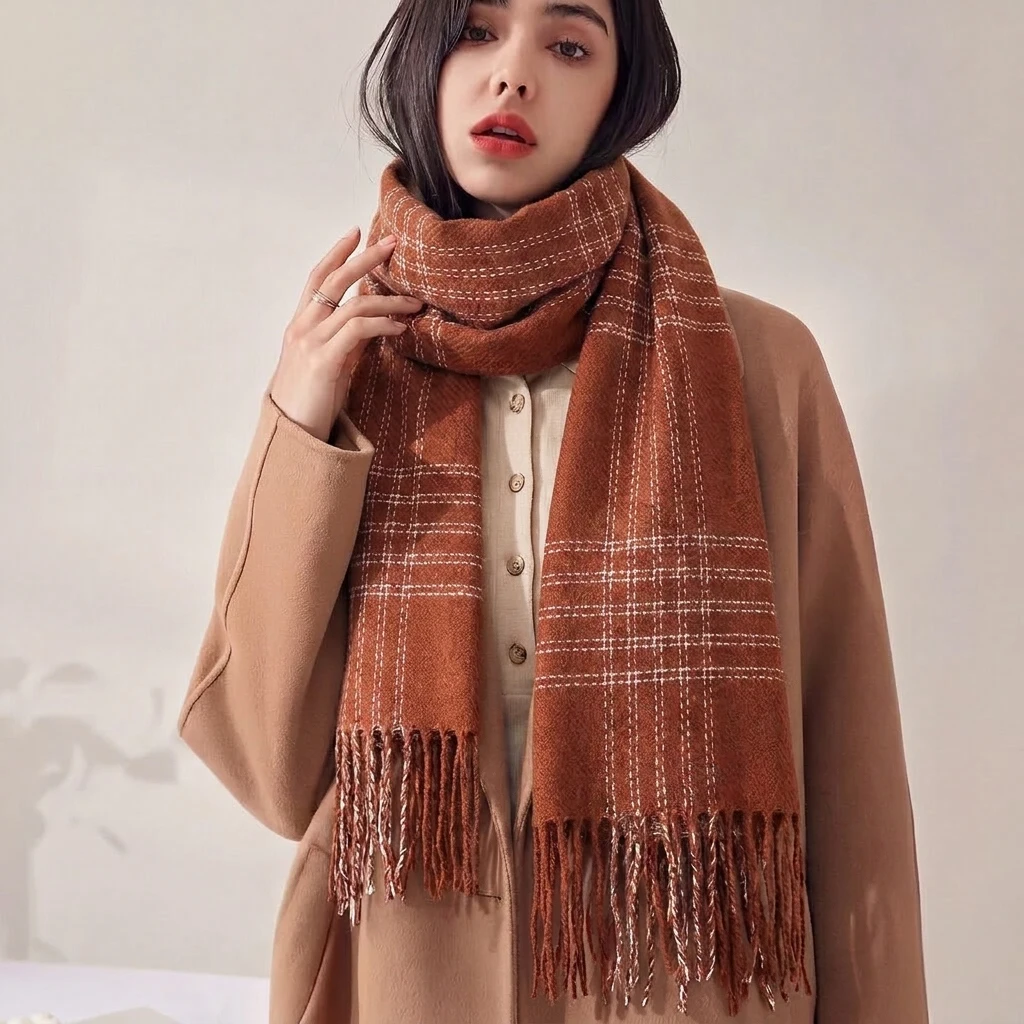 

2026 Women's Luxury Winter Cashmere Scarf Checkered Plaid Warm Thick Pashmina Large Blanket Long Tassel Shawl Foulard Bufanda