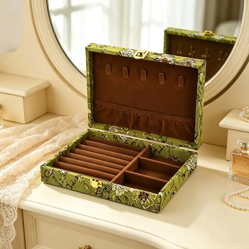Retro Wooden Jewelry Box Embroidered Floral Vintage Jewelry Case Large Capacity Luxury Multi Compartment Jewelry Holder