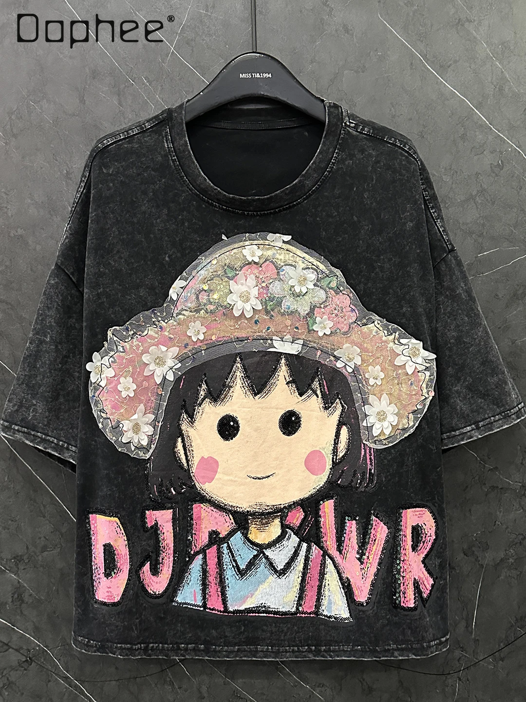

2025 Summer New Sequin Printing Cartoon Little Girl Short-sleeved T-shirt Women's Loose Casual Versatile Half-sleeved Top