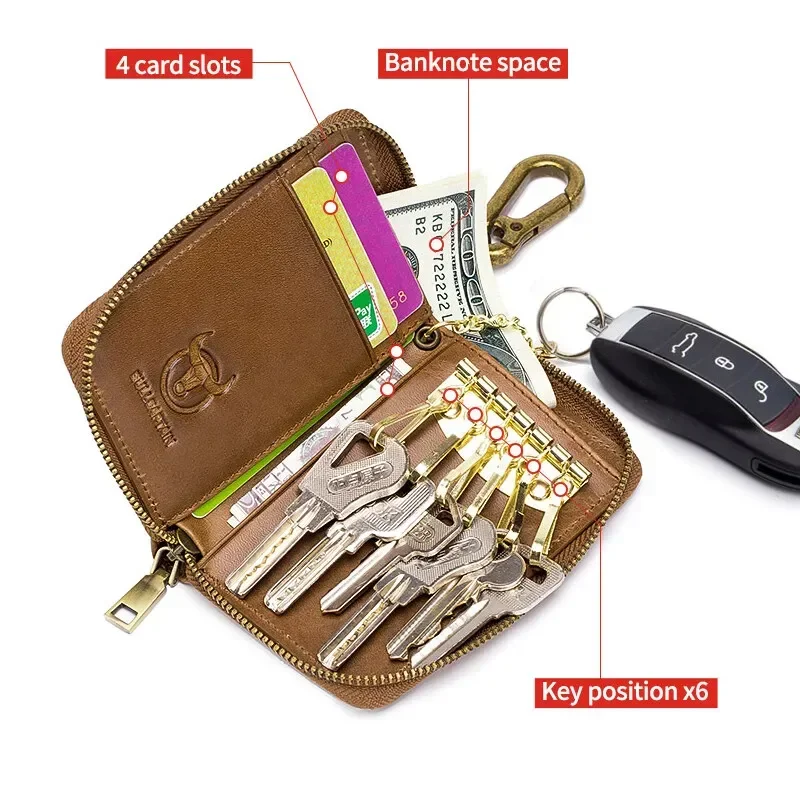 Portfele z prawdziwej skóry dla mężczyzn Zapinane na zamek błyskawiczny etui na karty kredytowe Mała torba wisząca w talii Etui na klucze domowe Kieszonka na pieniądze — zdjęcie 7