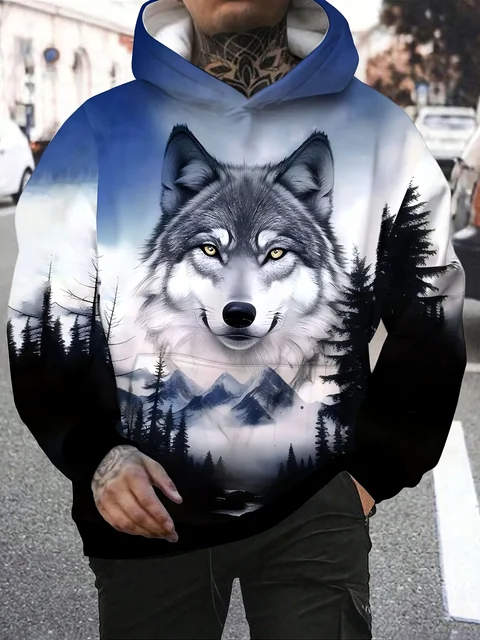 Animal Wolf grafika moda męska 3D Print Outdoor bluza z kapturem Streetwear bluzy z kapturem przednia kieszeń designerska bluza z kapturem
