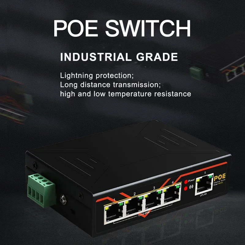 5 Ports POE-Switch 10/100 Mbit/s Fast-Ethernet-Switch in Industriequalität, DIN-Schienentyp, Netzwerk-Switch