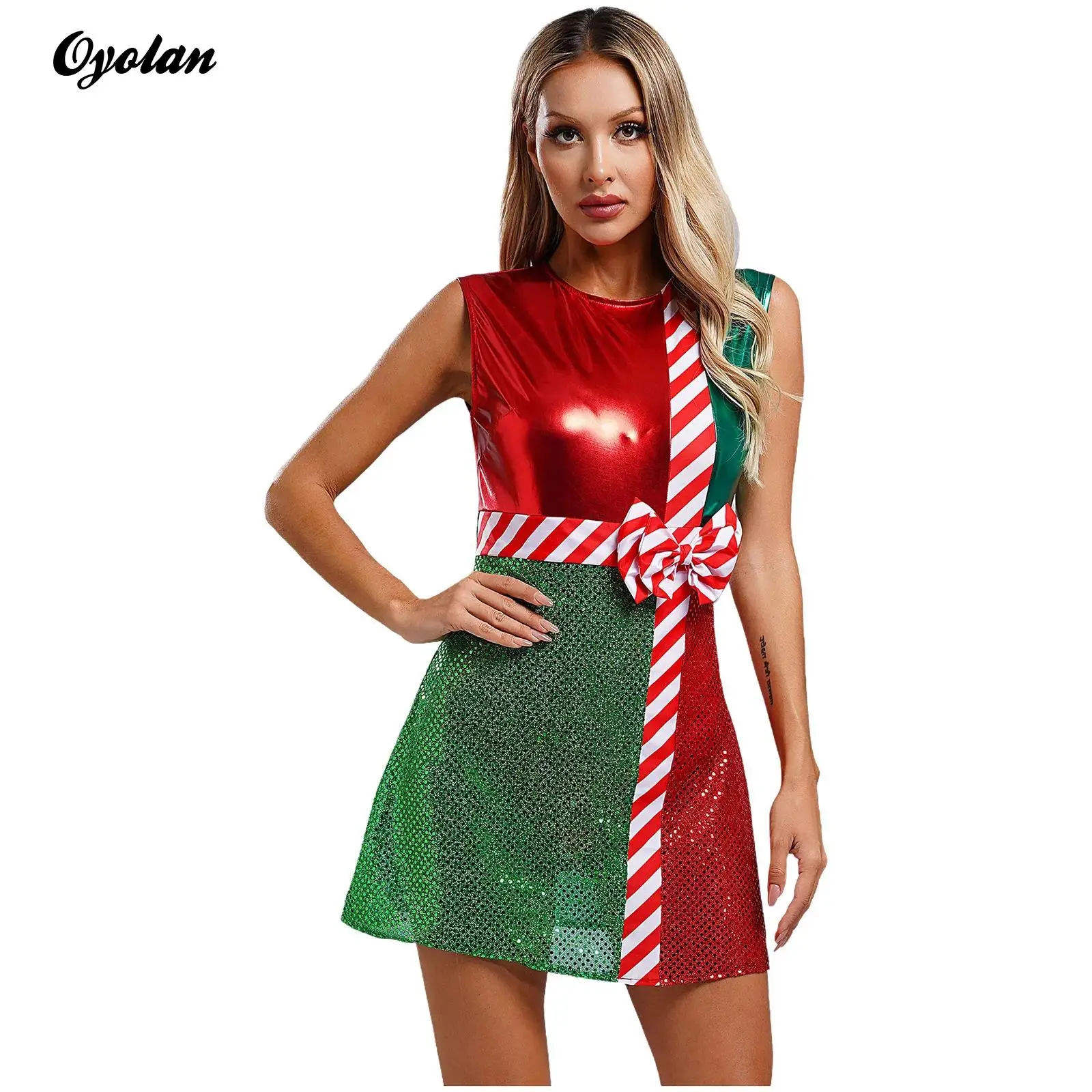 

Womens Miss Santa Claus Elf Xmas Christmas Cosplay Costume Metallic Sequins Bowknot Ballet Tutu Leotard Dress with Safe Briefs