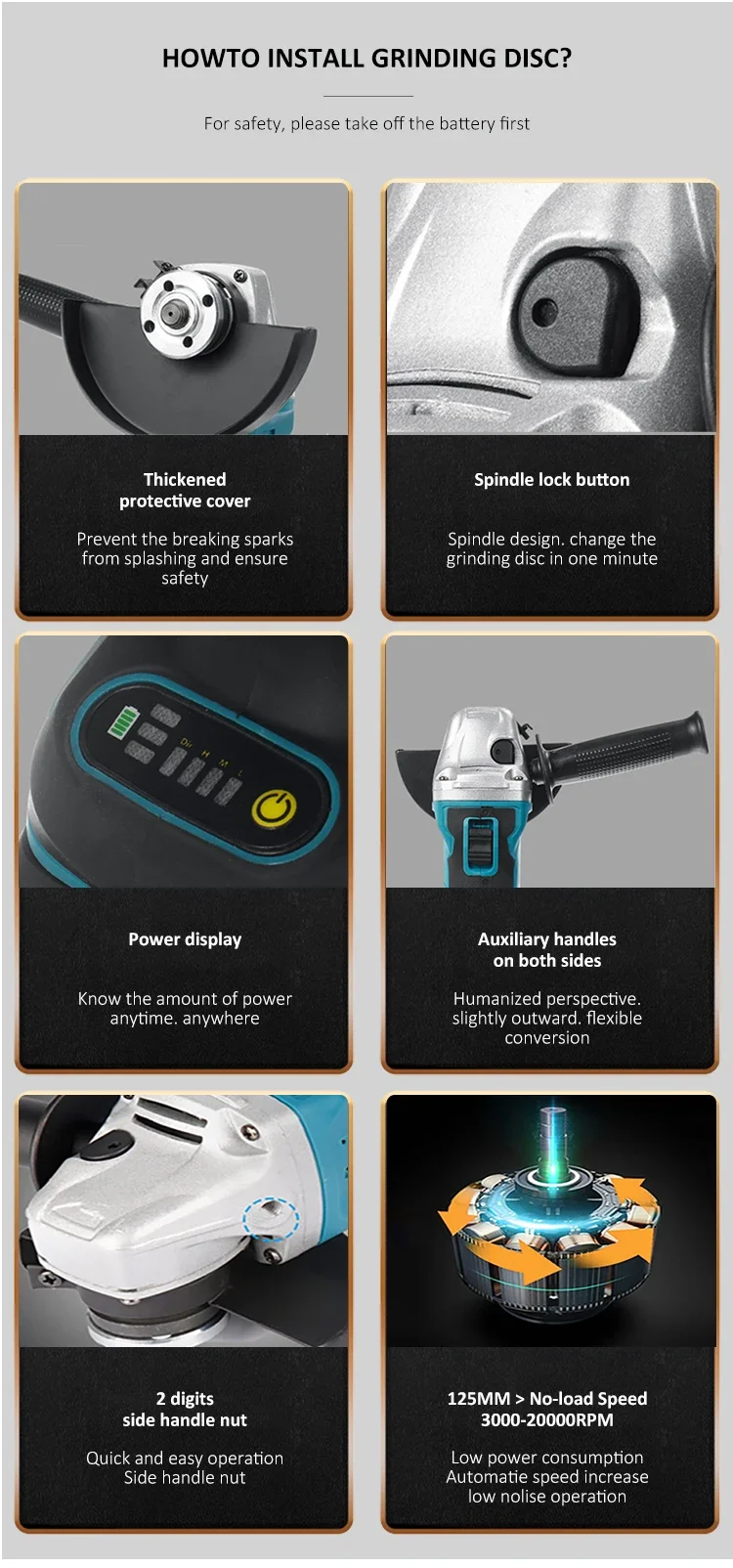JAUHI 125mm M14 Brushless Wireless Electric Angle Grinder Rechargeable 4 Speed Grinding Cutting Machine For Makita 18V Battery