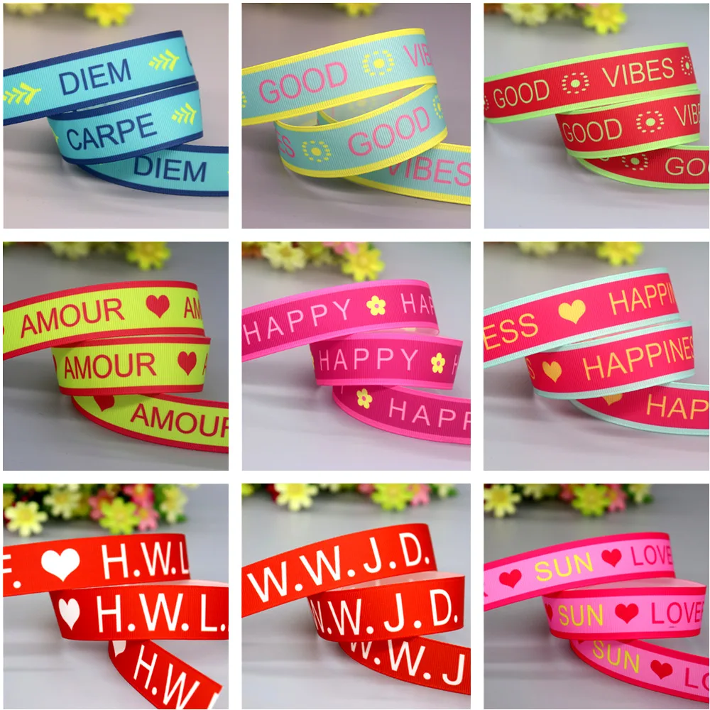 DUWES 50yards Brave Life Love Happy Hwlf Wwjd Cancer Printed Grosgrain Ribbon Accessories Collar DIY Sewing Craft D2567