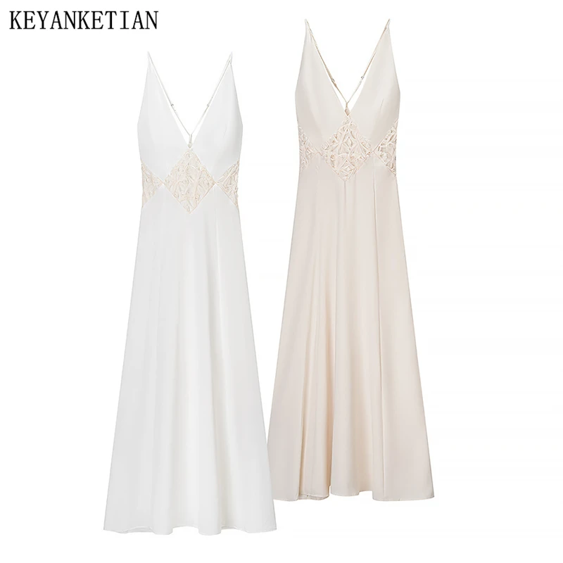 KEYANKETIAN 2025 ฤดูร้อนใหม่ Hollow OUT Patchwork Backless สปาเก็ตตี้ซาติน MIDI ชุดเดรสสไตล์ฝรั่งเศสผู้หญิงชุดยาว