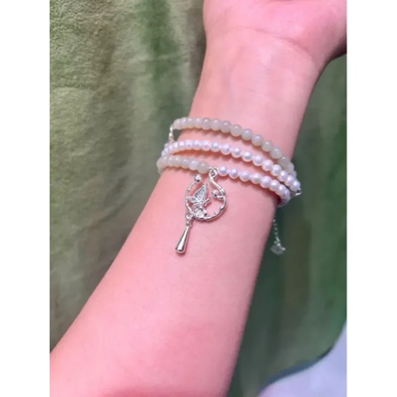 Hetian jade natural freshwater pearl necklace, multi-ring bracelet, one jewelry, two wear, fresh, sweet, rich and advanced