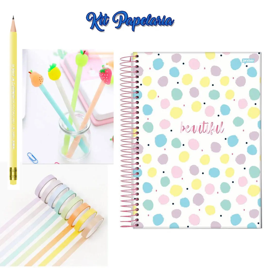 Kit Papelaria Caderno Colegial Washi Tape Lapis Caneta Fina