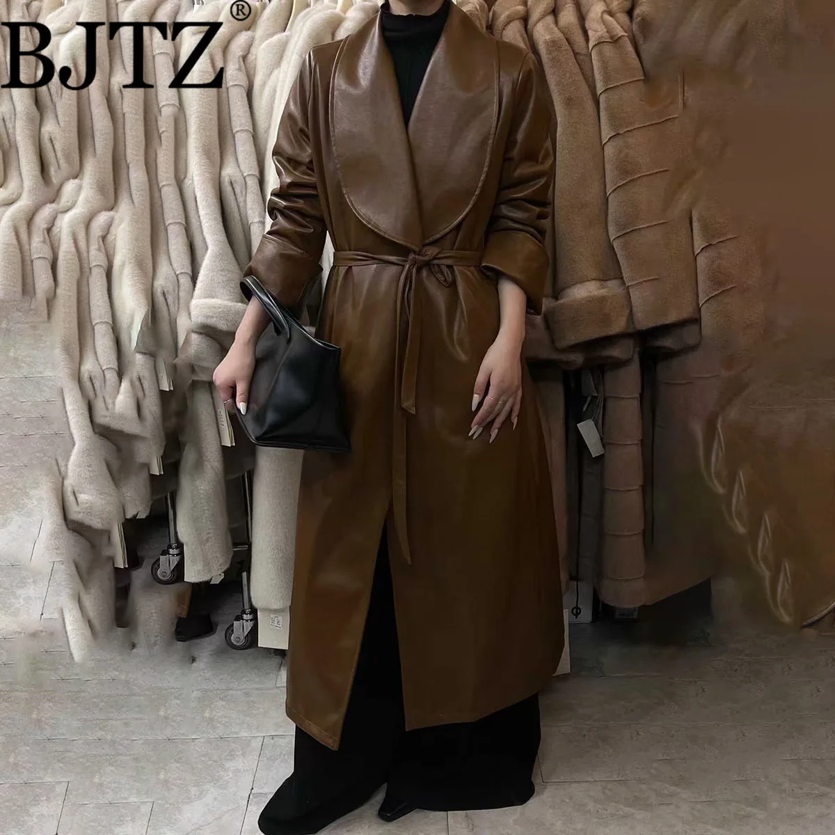 BJTZ, solapa con muescas, cinturón en la cintura, abrigo de cuero PU, gabardina gruesa de invierno para mujer, prendas de vestir exteriores elegantes y cálidas para otoño