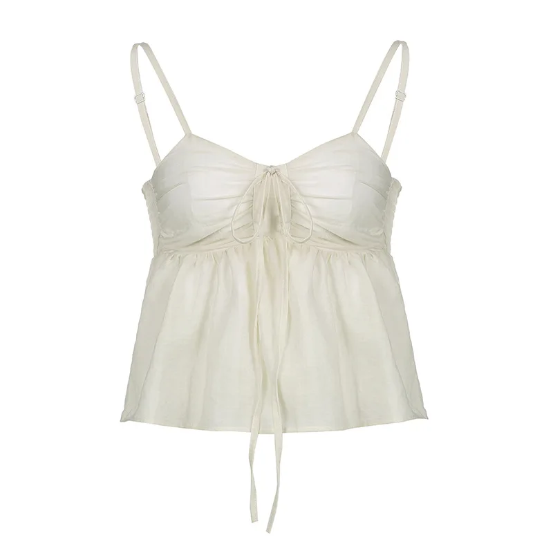Crop Camis Pleated Bow Drawstring Sleeveless Solid Tops Summer New Sweet Girls Streetwear Elegant Off Shoulder Korean Trendy