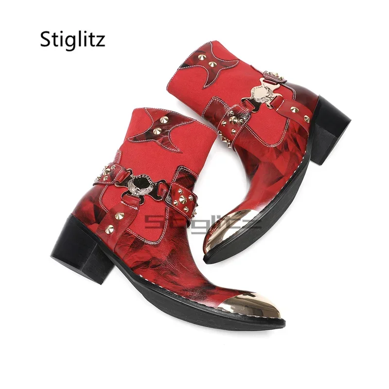 Red Leather Patchwork Rivet Men's Boots Metal Toe Genuine Leather High Heels Chelsea Boots Side Zipper Ankle Boots Male Shoes