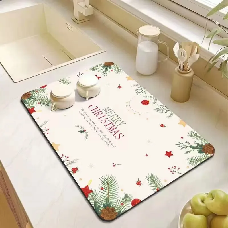 VIKAMA Diatomite Drying Mat, Super Absorbent Quick Dry Non-Slip Dish Drying Christmas Tree Snowflake Minimal Decor