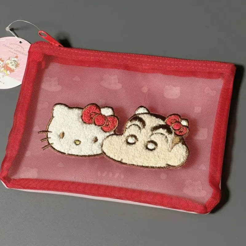 

Hello Kitty Sanrio Crayon Shin Chan Co branded Makeup Bag Embroidered Small Label Cute Anime Bag Mesh PVC Storage Small Bag Girl