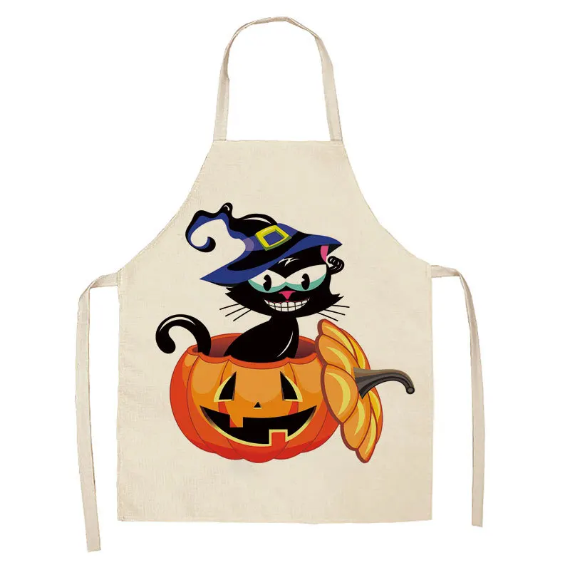 Halloween Wizard Cat Pumpkin Pattern Kitchen Apron Horror Skull Sleeveless Linen Bib Men and Women Cleaning Anti-fouling Tools