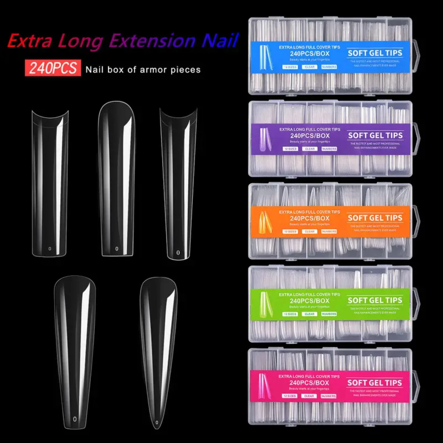 Extra-Long Transparent Full Manicure Fake Nails - 240 Pieces Extension Nail Kit