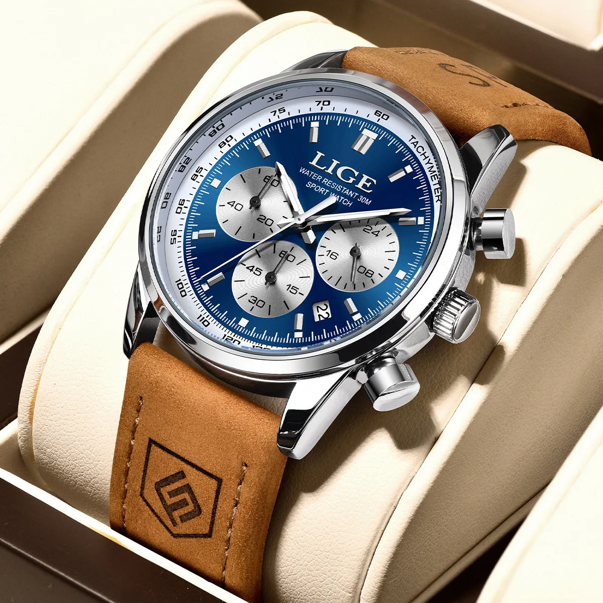 ساعة LIGE الفاخرة بحزام جلدي للرجال رياضية خارجية وتقويم مضيء للرجال وساعات كوارتز مقاومة للماء للرجال كرونوغراف