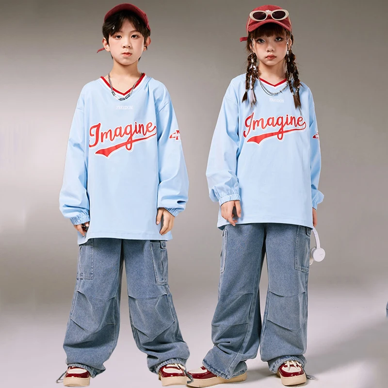 

children Hip Hop Dance Costumes For Kids Blue Shirts Loose Pants Suit Girls Jazz Modern Dance Clothes Boys Streetwear DQS14992