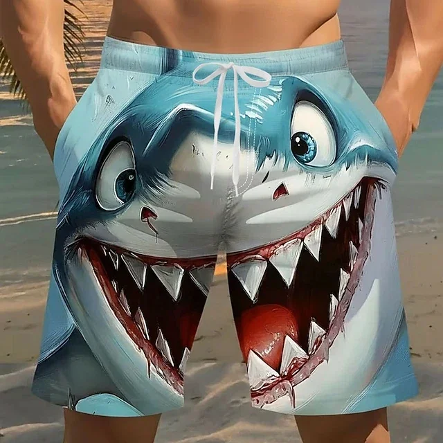 3D cartoon shark print shorts with quick-drying design elastic waistband and casual style both men and women style summer shorts