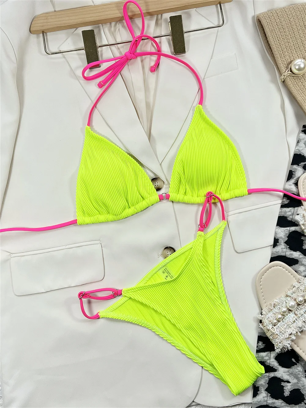 

Y2K Ribbed Bikini Micro String Extrem Backless Swimsuit Women Triangle Beach Swimwear Push Up Two Piece Bathing Suit Tanga Mujer