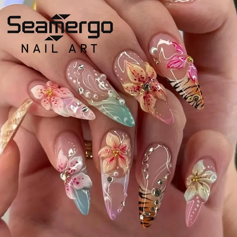 

24CS Leopard Print French False Nails Colorful Gradient Almond Press on Nails Summer 3D Flowers with Pearl Fake Nails for Women