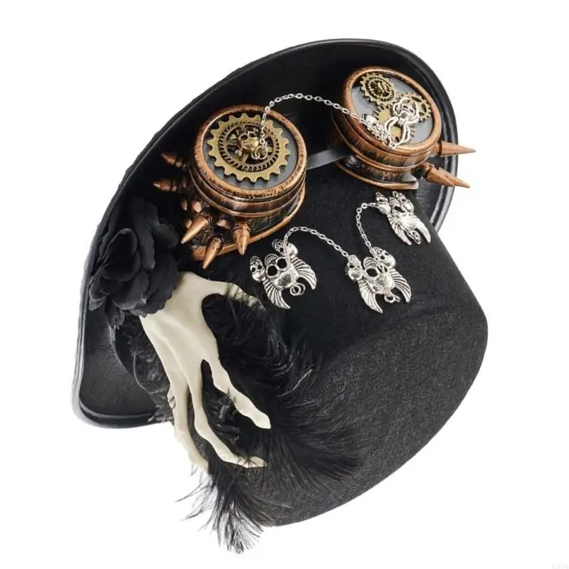 

L5YA Girl Steampunk Flat Top Hat Halloween Hat with Hand Skeleton&Goggles Decors