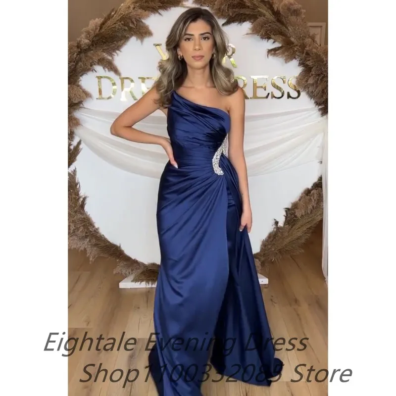 Eightale Navy Blue Mermaid Evening Dress One Shoulder Satin Dress With Pleats Beaded Formal Prom Party Gown Celebrity Dress