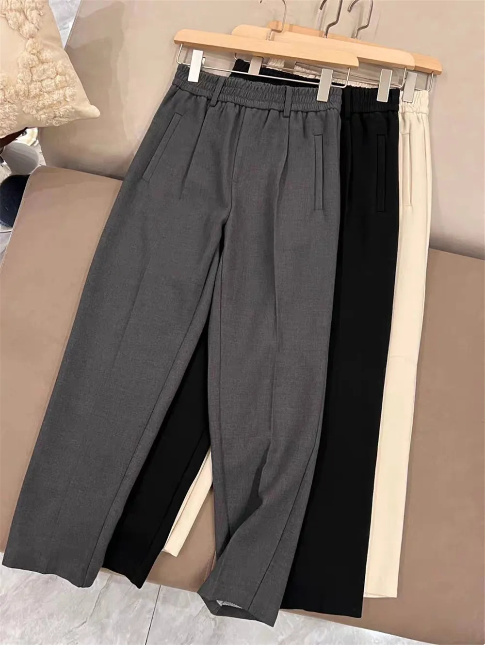 Women's Padded Warm Casual Trousers Elastic High Waist Beaded Tapered Cigarette Pants Autumn Winter